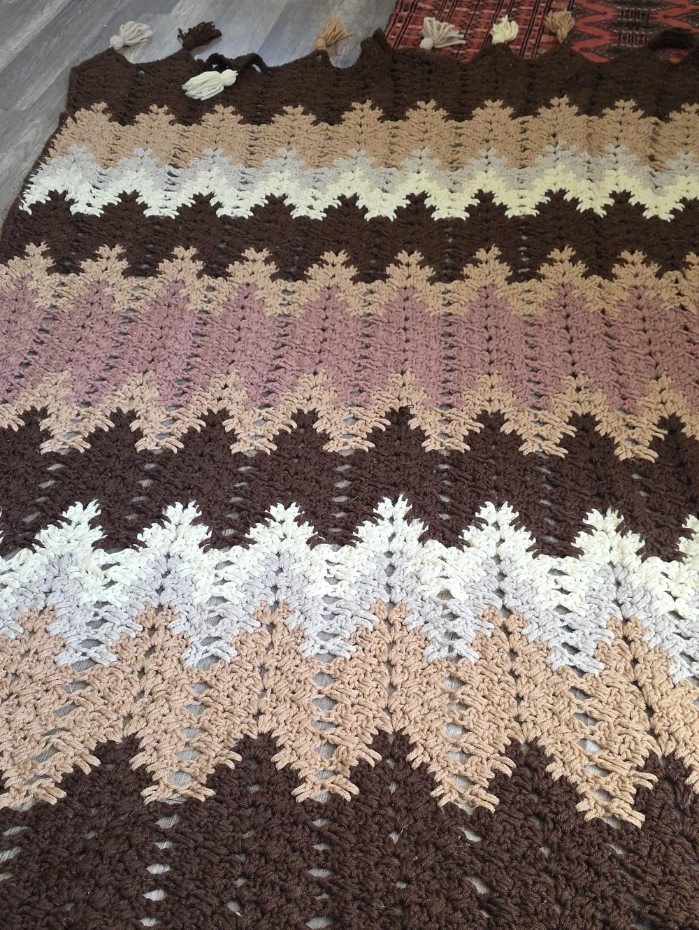 Mocha Ripple Afghan Blanket Boho Cozy Stripe Crochet Throw Blanket Brown Cottage